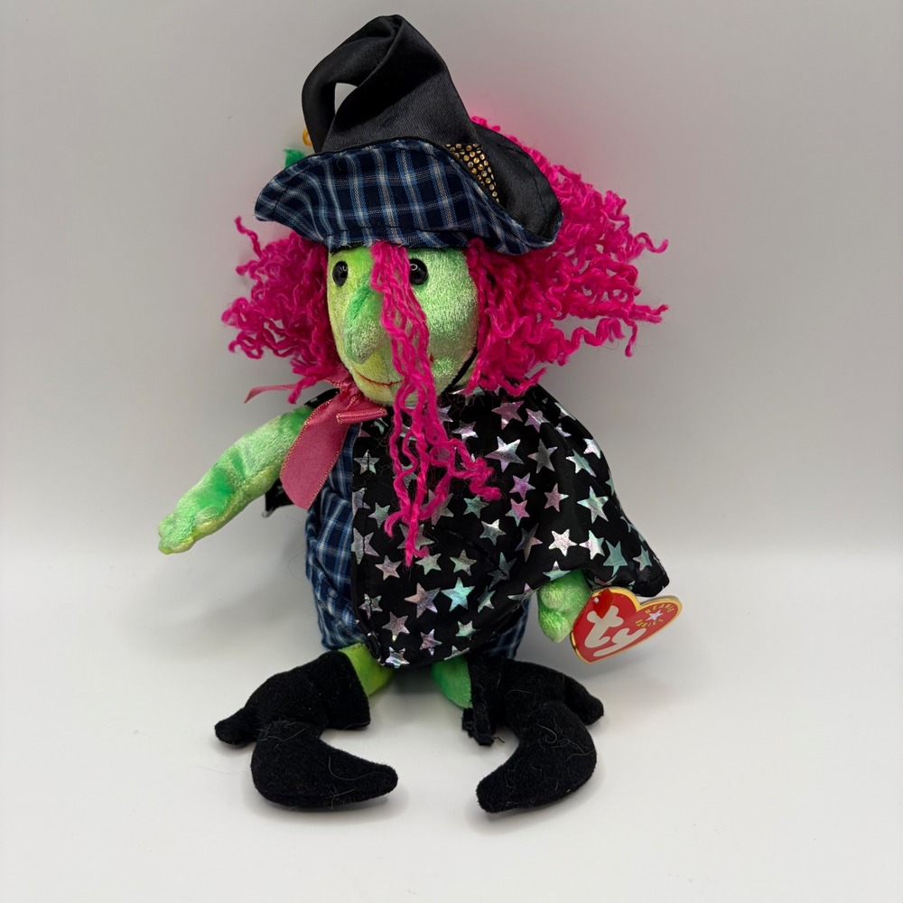 Ty Beanie Baby Scary the Witch Halloween Plush Green Pink Hair 2000 with Tags